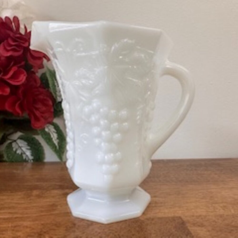 Vintage Milk Glass Pitcher Grape Vine Design Octagonal Base Westmoreland Style F